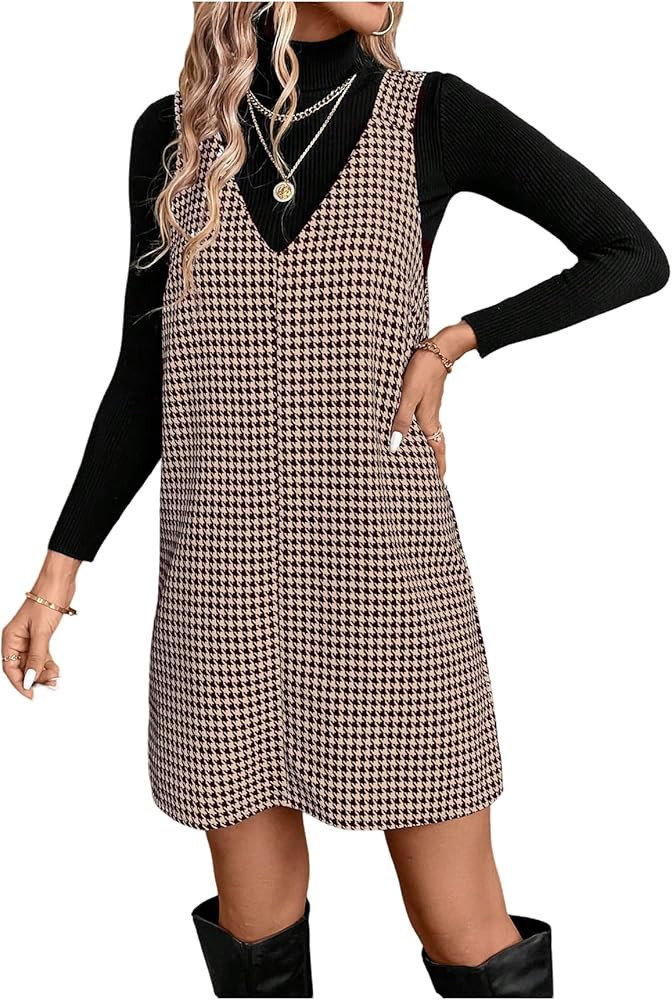 OYOANGLE Women's Houndstooth Print V Neck Overall Dress Sleeveless Pinafore Short Dresses | Amazon (US)