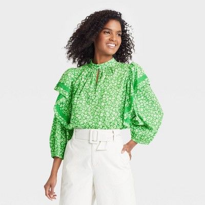 Women's Ruffle 3/4 Sleeve Lace Trim Blouse - Who What Wear™ Floral | Target