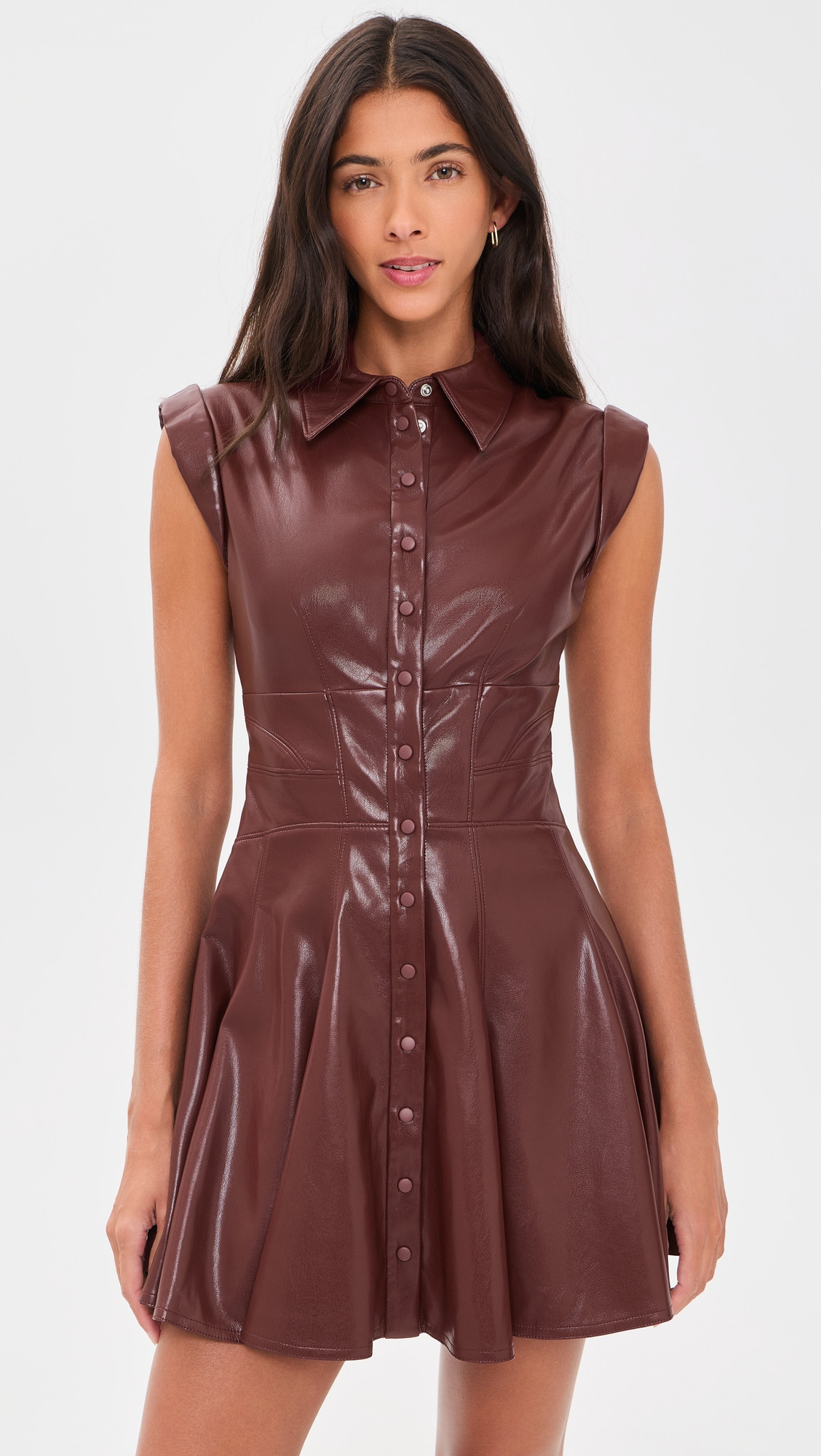 ALICE + OLIVIA Kim Vegan Leather Paneled Corset Flared Mini Shirt Dress Cognac 6 | Shopbop