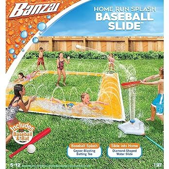 BANZAI Home Run Splash Baseball Slide, Length: 14 ft, Width: 14 ft, Inflatable Outdoor Backyard W... | Amazon (US)
