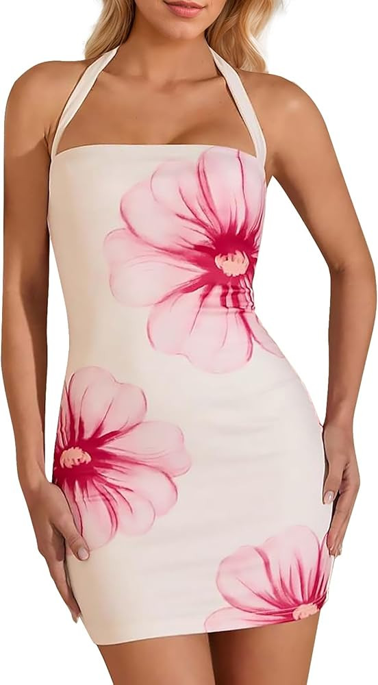 Women's Halter Mini Dress Summer Sexy Floral Print Backless Bodycon Short Dress Tie Back Party Ca... | Amazon (US)