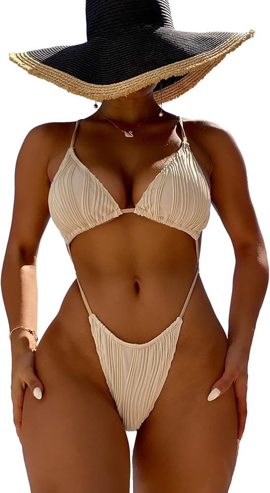 OYOANGLE Women's Sexy One Piece Swimsuit Criss Cross String Bikini Swimsuits Thong Bathing Suits | Amazon (US)