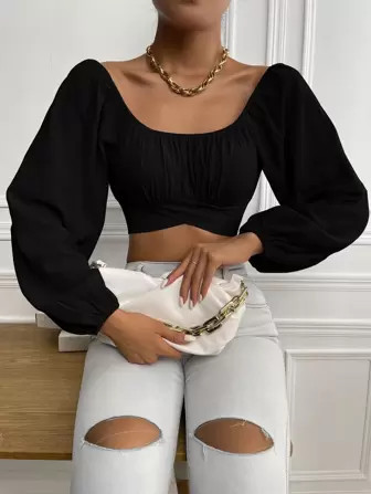 SHEIN Frenchy Ruched Knot Back Crop Blouse | SHEIN