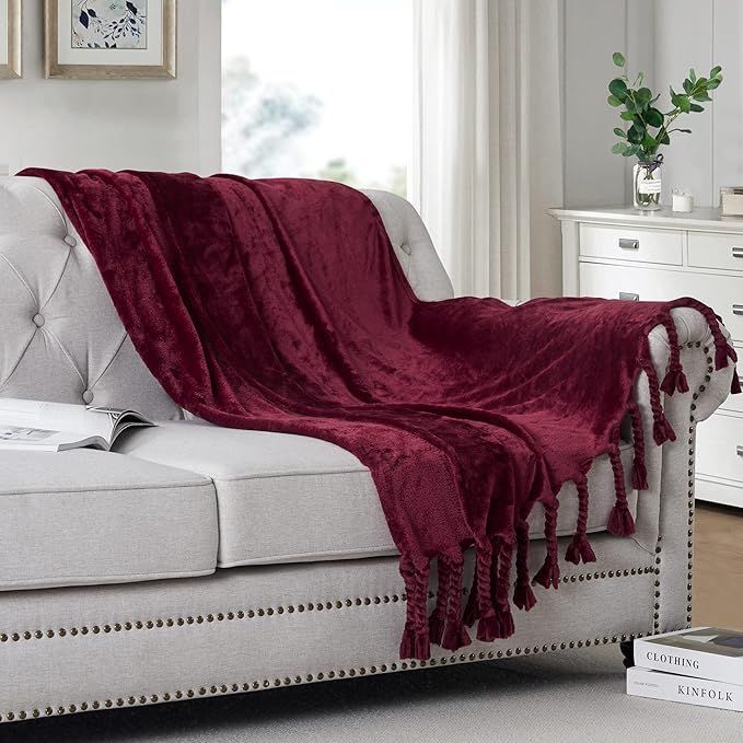 Homiest Fleece Throw Blanket with Fringe, Soft & Cozy Flannel Wine Red Throw Blanket, Lightweight... | Amazon (US)
