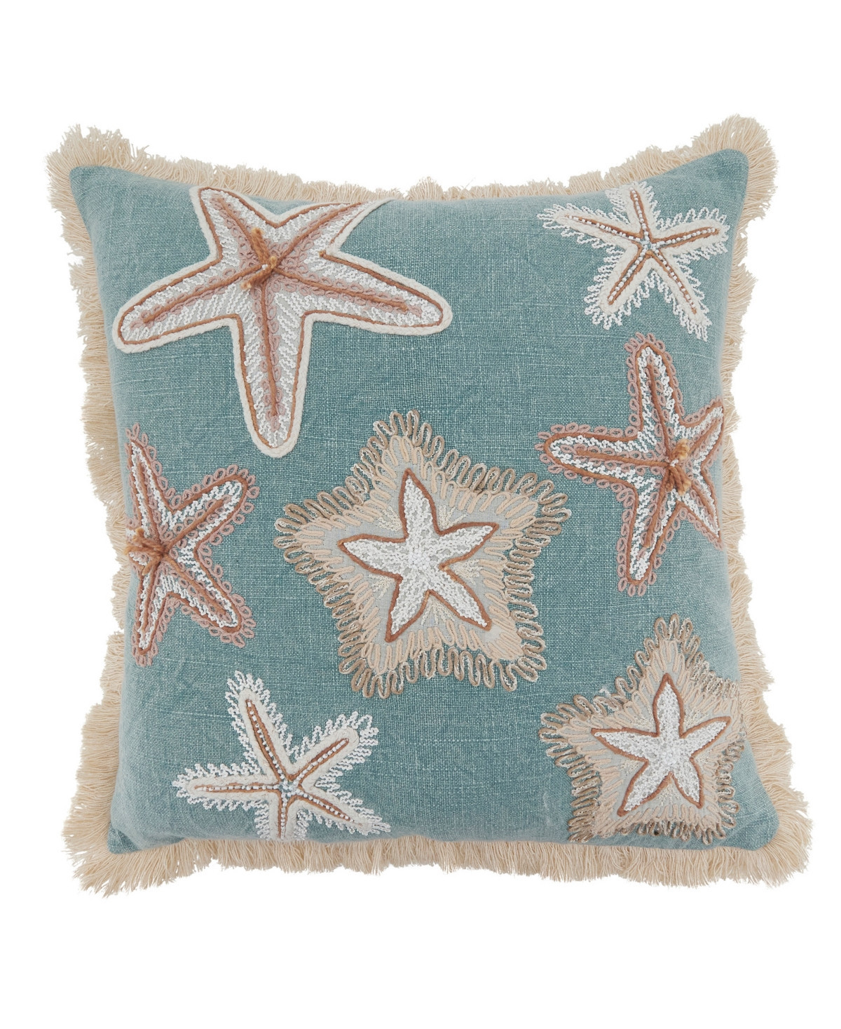 Saro Lifestyle Embroidered Starfish Fringe Decorative Pillow, 18" x 18" - Blue | Macy's