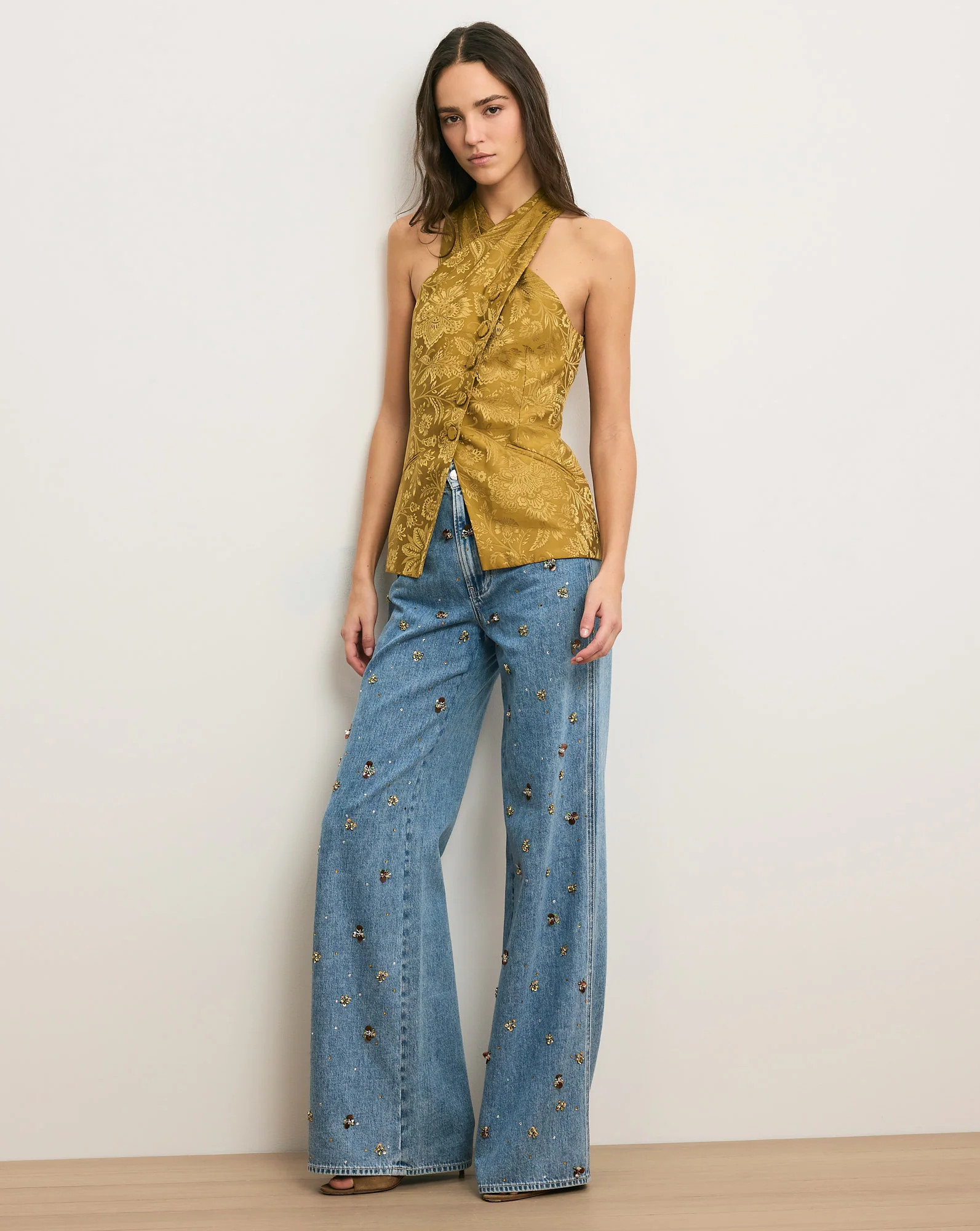 Pacey Jacquard Halter Top in Gold Ochre | Veronica Beard | Veronica Beard