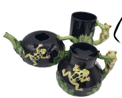 VINTAGE 1995 Teapot Set by Bergschrund Spotted Green Tree Frog Hand Painted EUC | eBay US