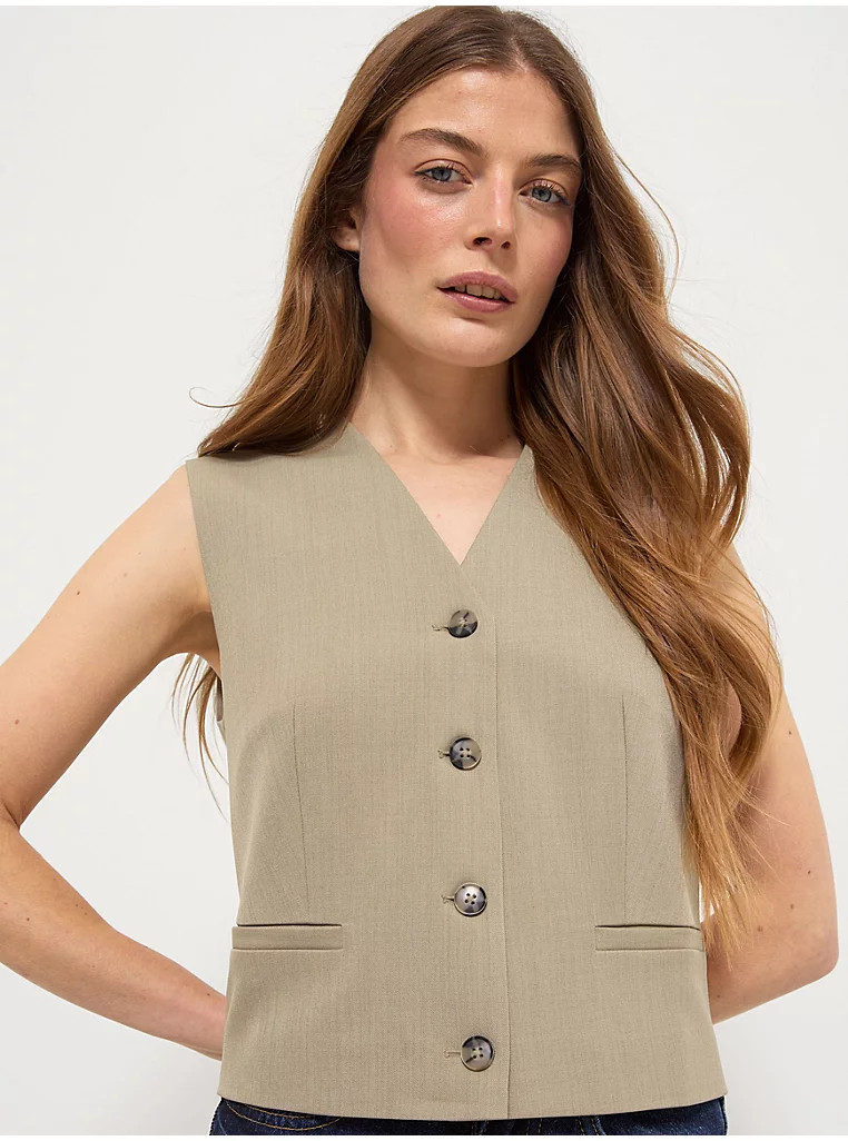 Taupe V Neck Sleeveless Waistcoat | George