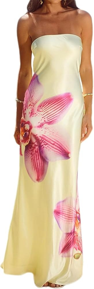 Long Maxi Dress for Women Y2k Tube Floral Strapless Bodycon Dress Fitted Off Shoulder Open Back S... | Amazon (US)
