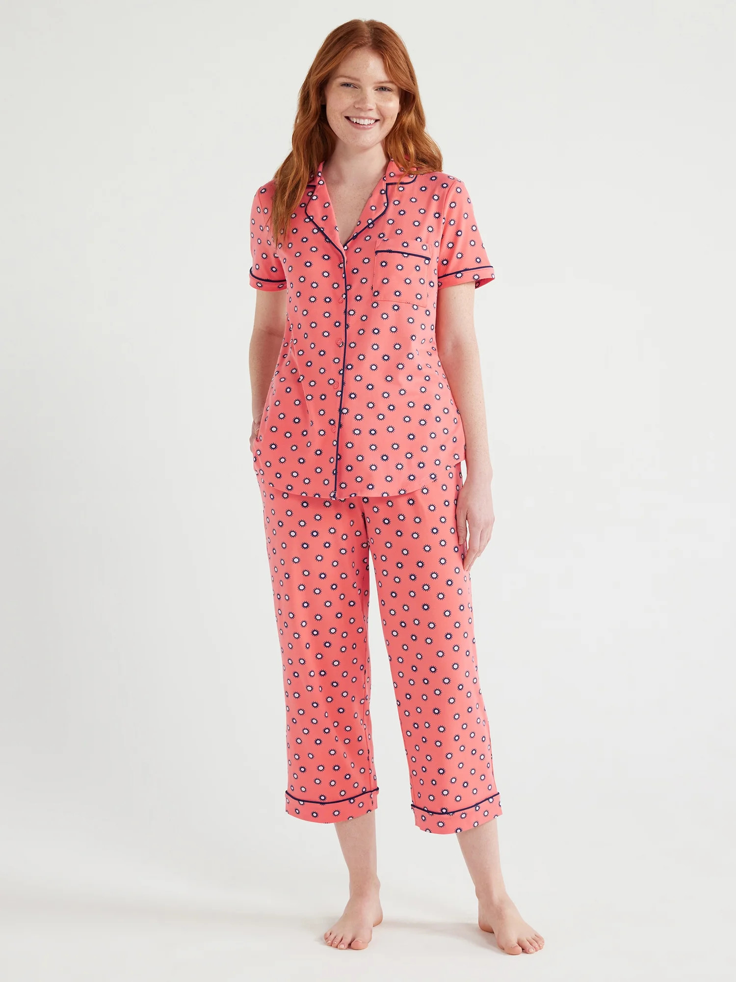 Joyspun Women's Knit Notch Collar Top and Capri Pants Pajama Set, 2-Piece, Sizes S to 3X | Walmart (US)