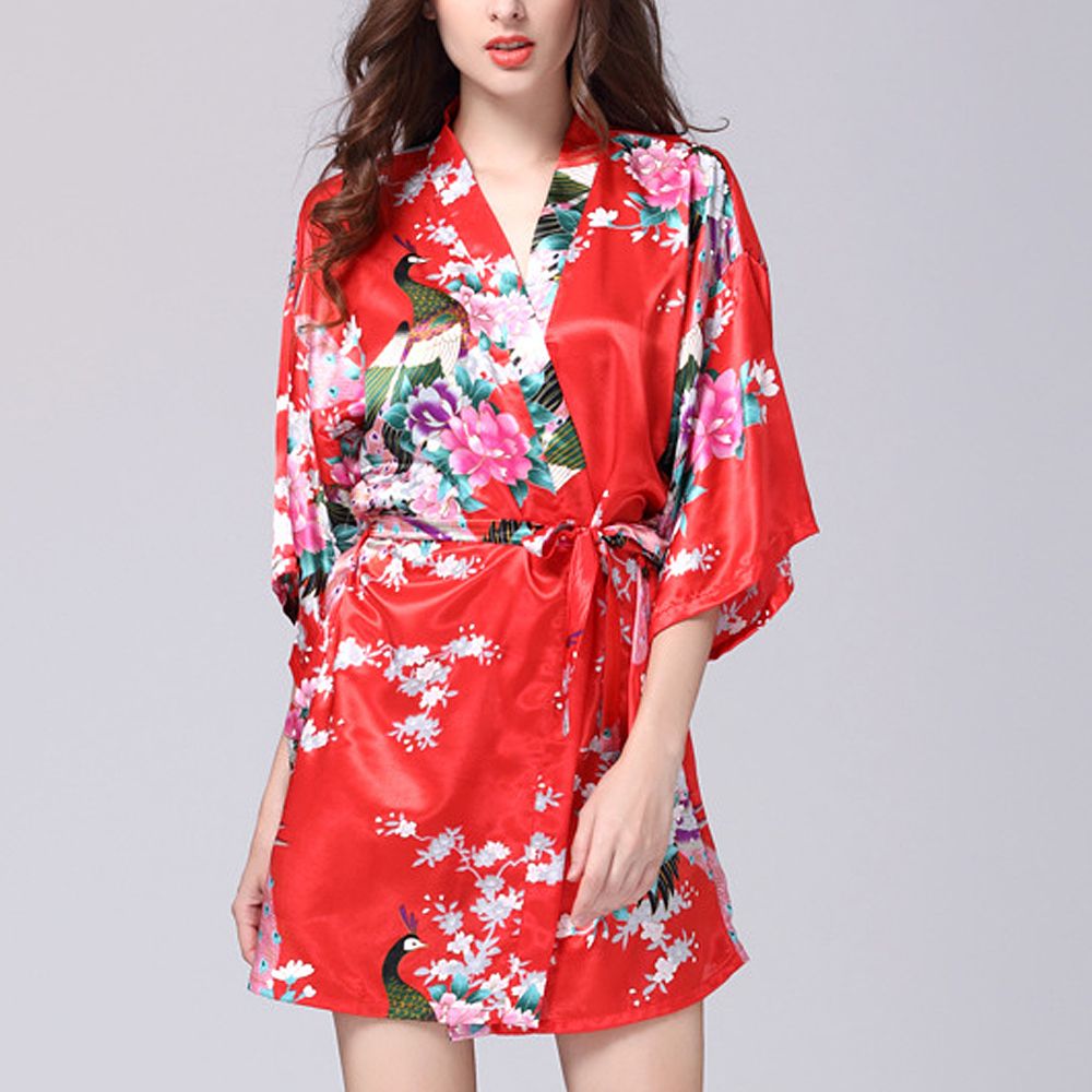 Multi-Color Floral Printed Mid Sleeve V Neck Silk Sleepwear Robes Kimono | Newchic