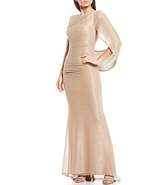Betsy  Adam Petite Size Draped Back 34 Cape Sleeve Round Neck Metallic Crinkled Ruched Sheath Gown -  14P | Dillard's