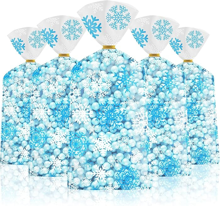 100 Pcs Winter Snowflake Treat Bags - Christmas Gift Bags, Blue White Plastic Snowflakes Cello Ca... | Amazon (US)