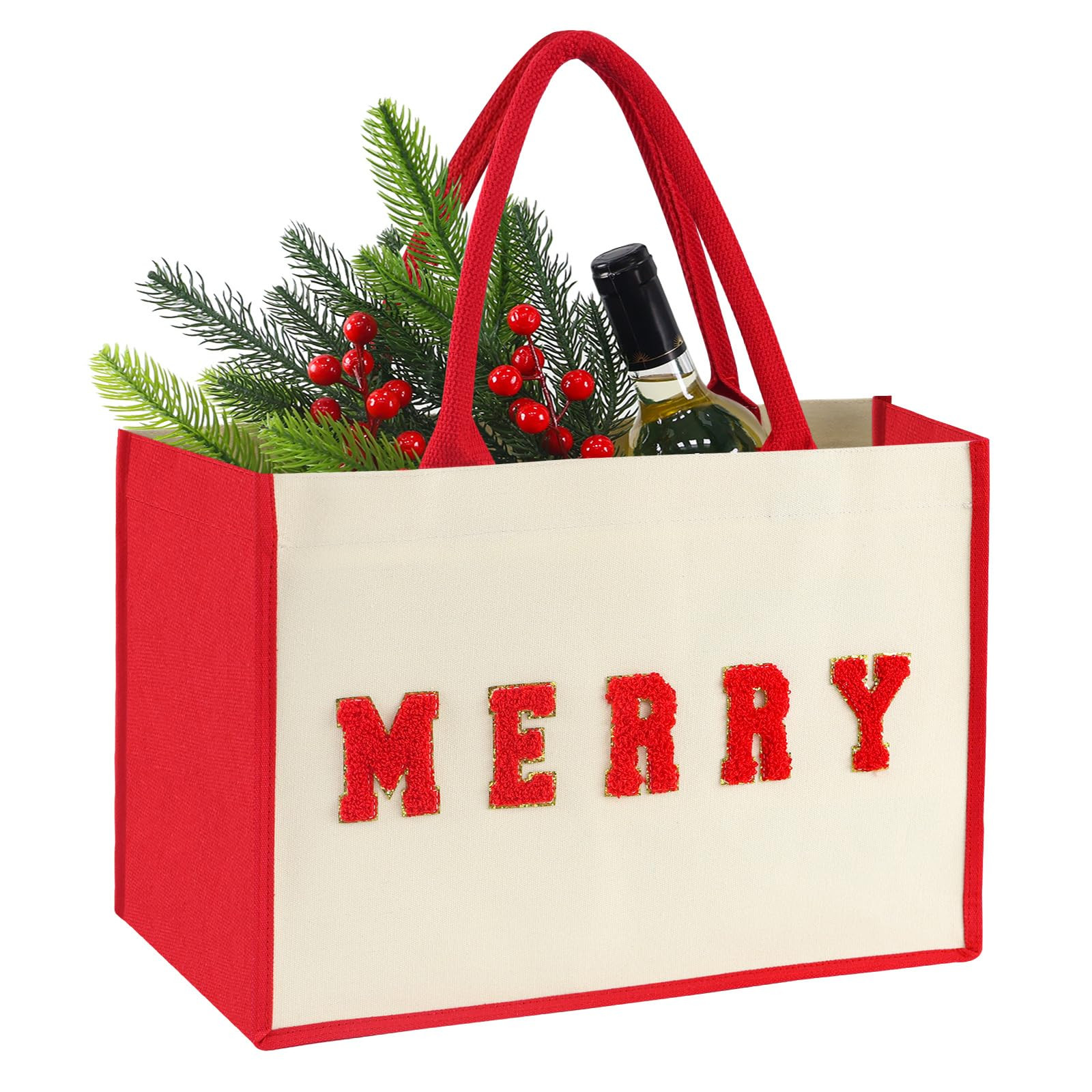 15.5" Canvas Large Christmas Gift Bags with Handles, Reusable Chenille Merry Patches Grocery Shop... | Amazon (US)
