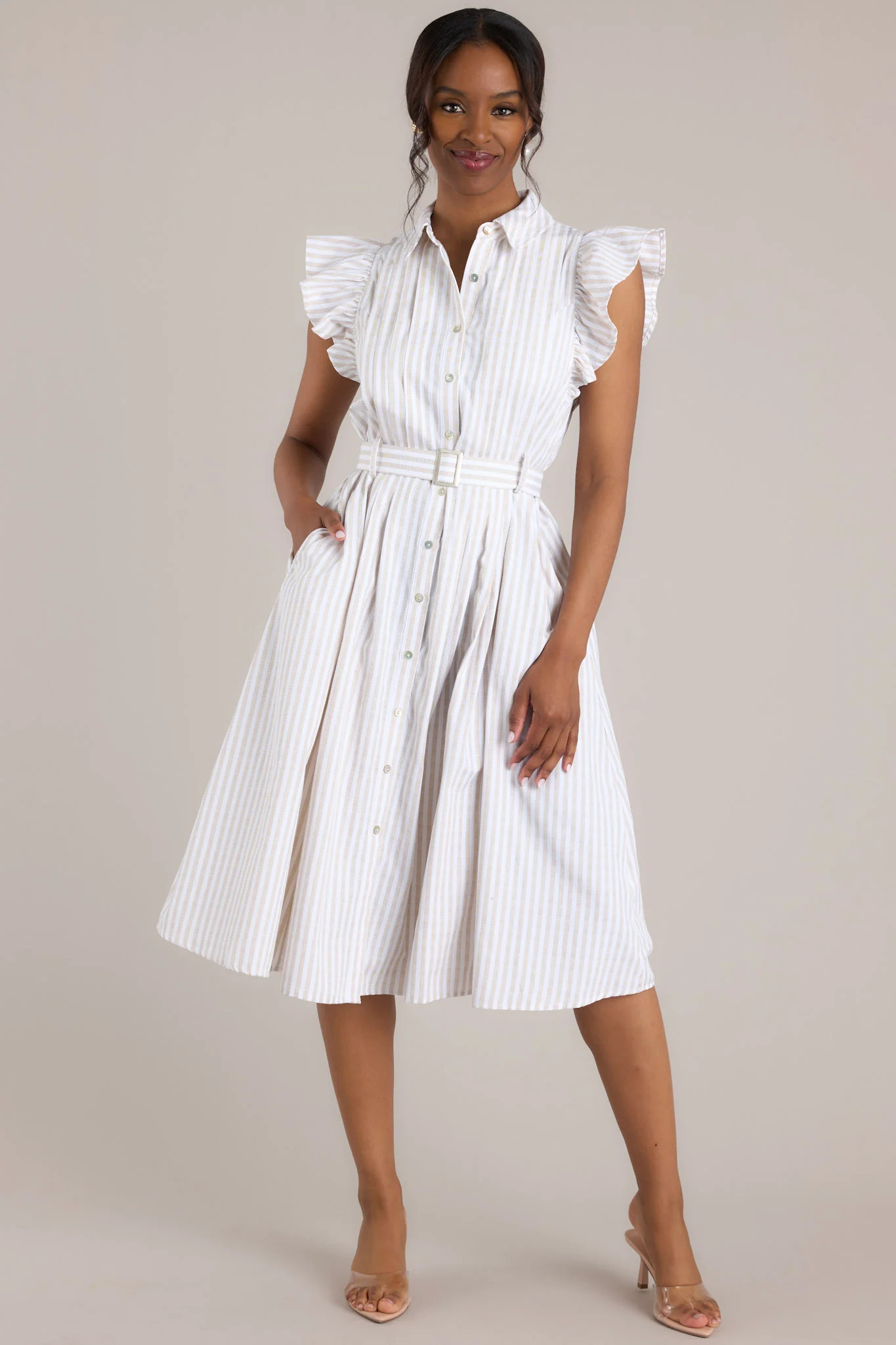 Simple Statement Taupe and White Stripe Button Front Midi Dress | Red Dress