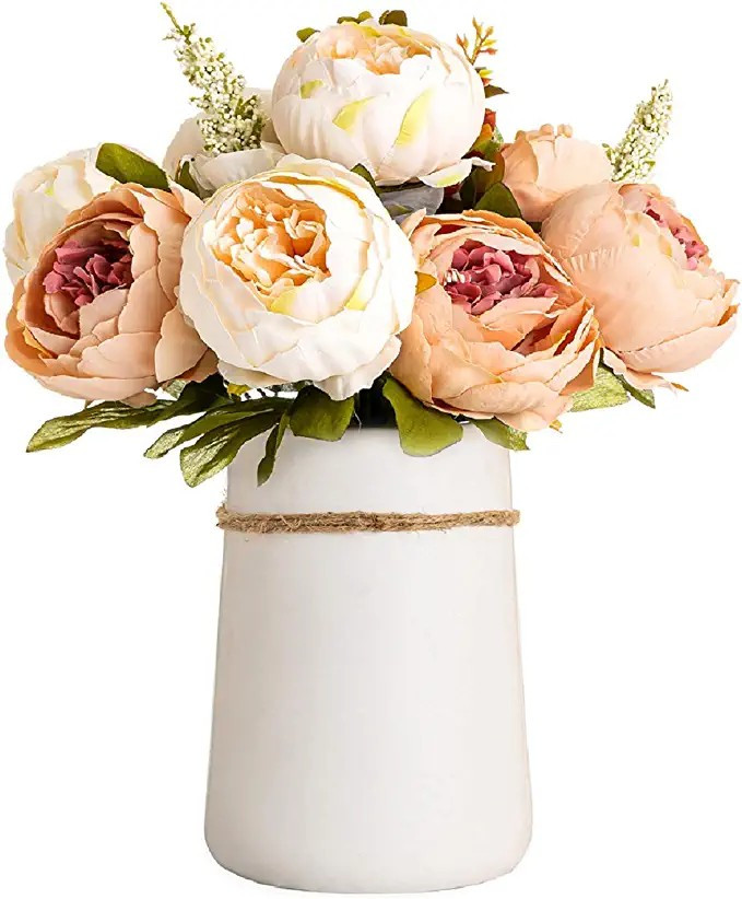 Amazon.com: Queen Bee Silk Peony Bouquet with Ceramic Vase Included Large Size 14" Wedding Center... | Amazon (US)