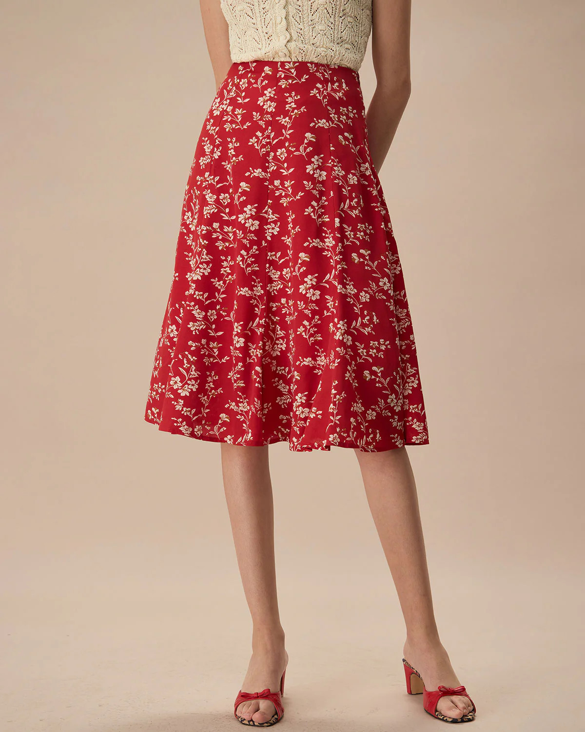 The Red High-Waisted Floral Midi Skirt & Reviews - Red - Bottoms | RIHOAS | rihoas.com