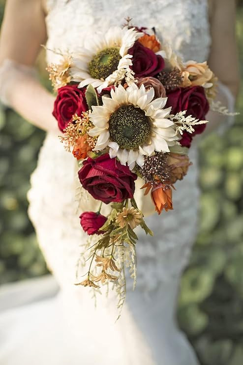 Ansofi 9 Inch Vintage Sunflower Wedding Bouquets for Bride Artificial Burgundy Rose Cascading Bri... | Amazon (US)
