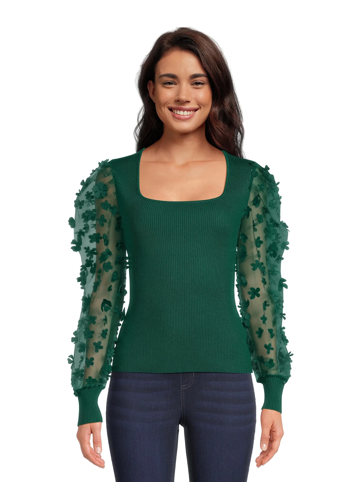 No Boundaries Juniors Square Neck Top with Long Puff Sleeves, Sizes XS-3XL - Walmart.com | Walmart (US)
