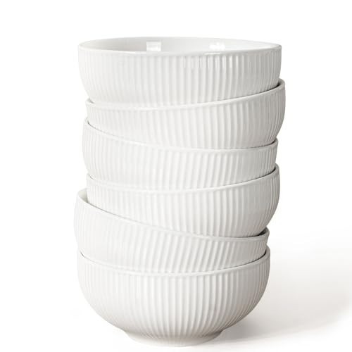 Artena Cereal Bowls 26 OZ, Ceramic Soup Bowls For Kitchen, Embossment Bowls For Rice Pasta Salad, White Bowls For Breakfast Lunch Dinner, 6 Inch, Set Of 6, Dishwasher & Microwave Safe, Stripe | Amazon (US)