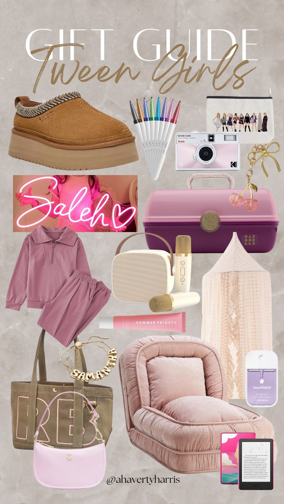 Tween Girls Gift Guide -Finding cute, trendy, actually loved gifts for tween girls just got easier! I rounded up top picks they’re obsessed with right now—cozy lounge sets, aesthetic room décor, personalized jewelry, cute bags, beauty favorites, a karaoke mic, mini half frame camera, swiftie, bag charm, Amazon gift, personalized neon sign, girls lounger, kindle, plush chair, and more. Perfect for Christmas, birthdays, and holiday gifting! Christmas 2025, Gen Z gift guide, platform ugg, body tempoary tattoo markers

#LTKGiftGuide #LTKKids