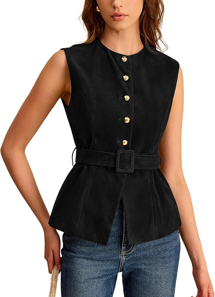 UANEO Suede Vest for Women 2025 Sleeveless Tops Casual Business Button Fashion Waistcoat with Bel... | Amazon (US)