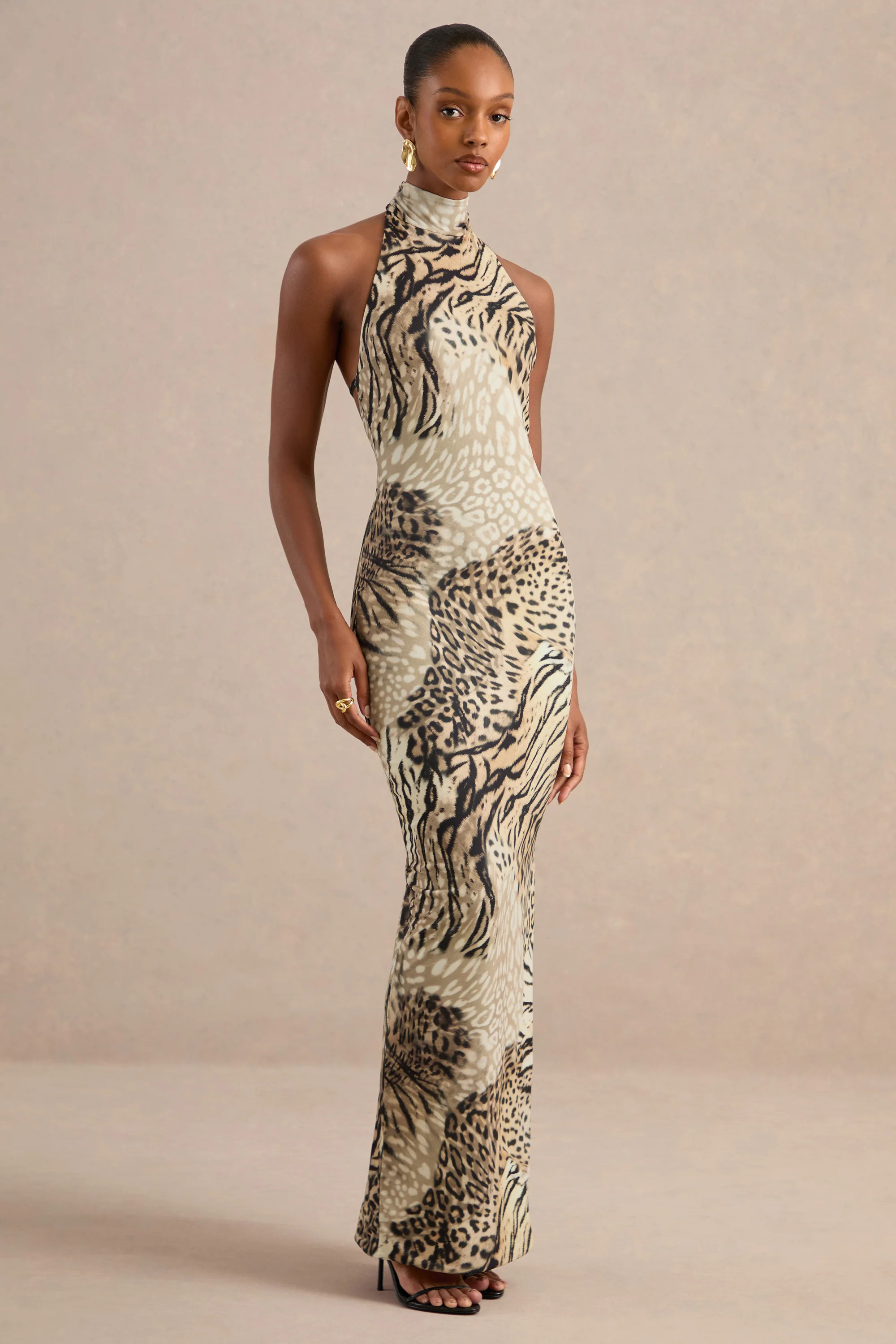 Arlise | Brown Animal Print Halter-Neck Maxi Dress | Club L London