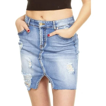 YDX Jeans High Waisted Casual Stretchy Comfy Ripped Frayed Denim Skirt Medium Wash Blue Size Large | Walmart (US)