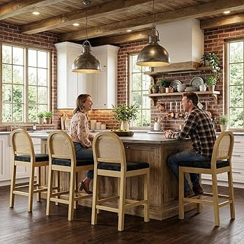 STHOUYN Upholstered Rattan Bar Stools Set of 4, Wooden Counter Height Stools with Natural Rattan ... | Amazon (US)