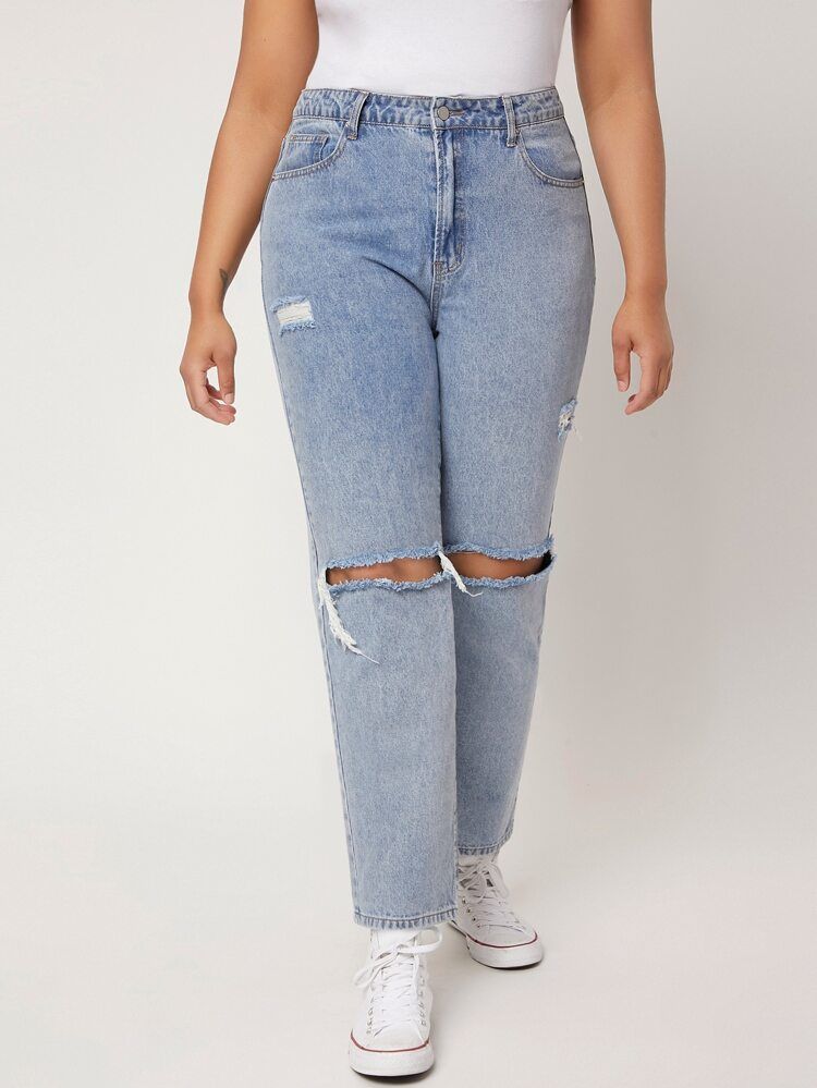 Plus Ripped Detail Straight Leg Jeans | SHEIN