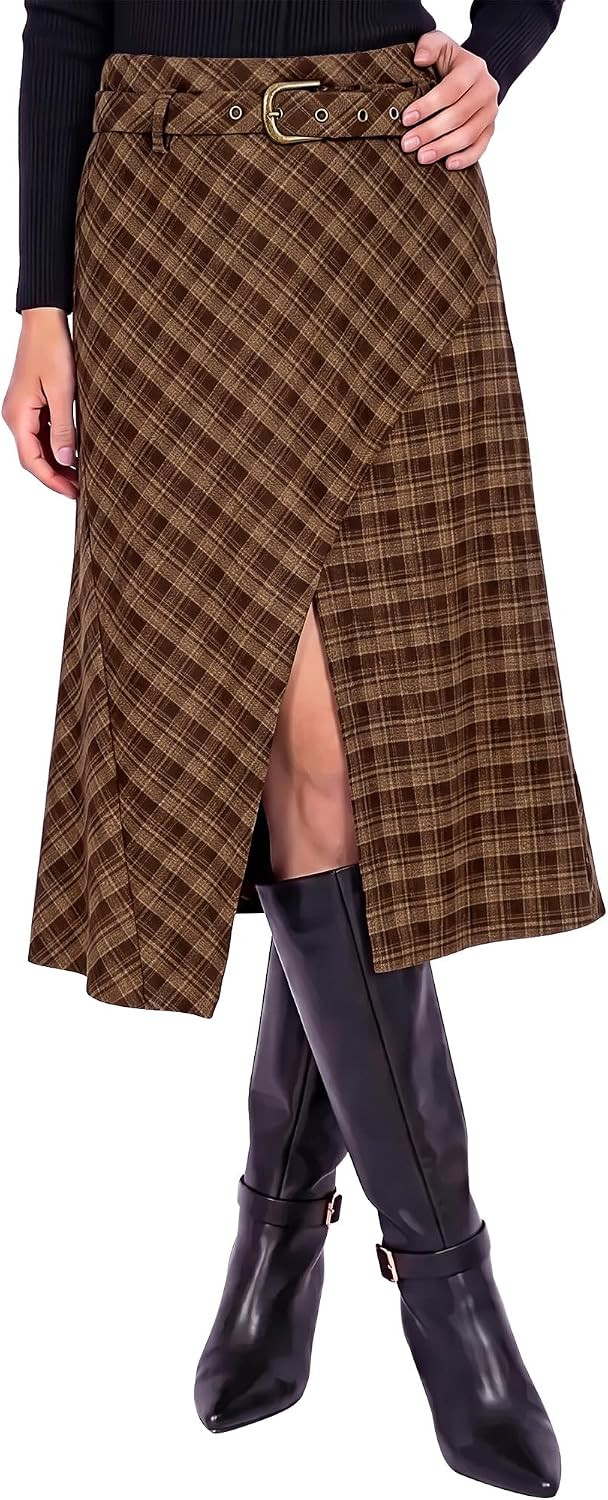 luvamia Plaid Midi Skirts for Women High Waist A-Line Fall Skirt with Belt | Amazon (US)