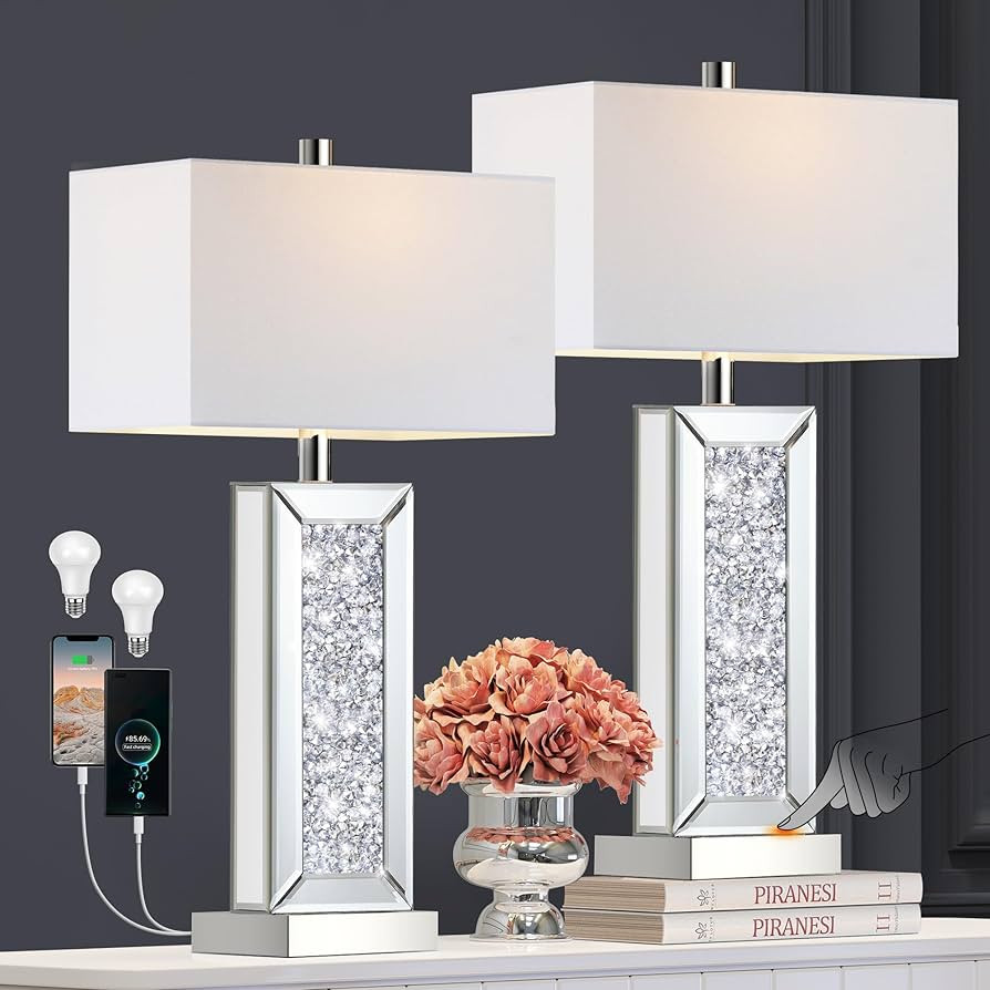 Modern Table Lamp Set of 2 Touch Control, Silver Mirror Big Diamond Crystal Bedside Lamp with USB... | Amazon (US)