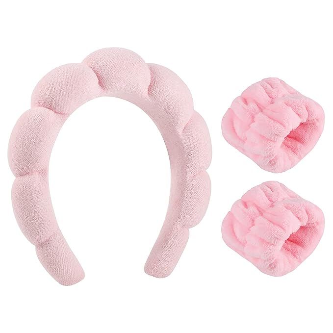Sponge Spa Headband for Women, Makeup Headband and Wrist Washband Set Pink Skincare Facial Headba... | Amazon (US)