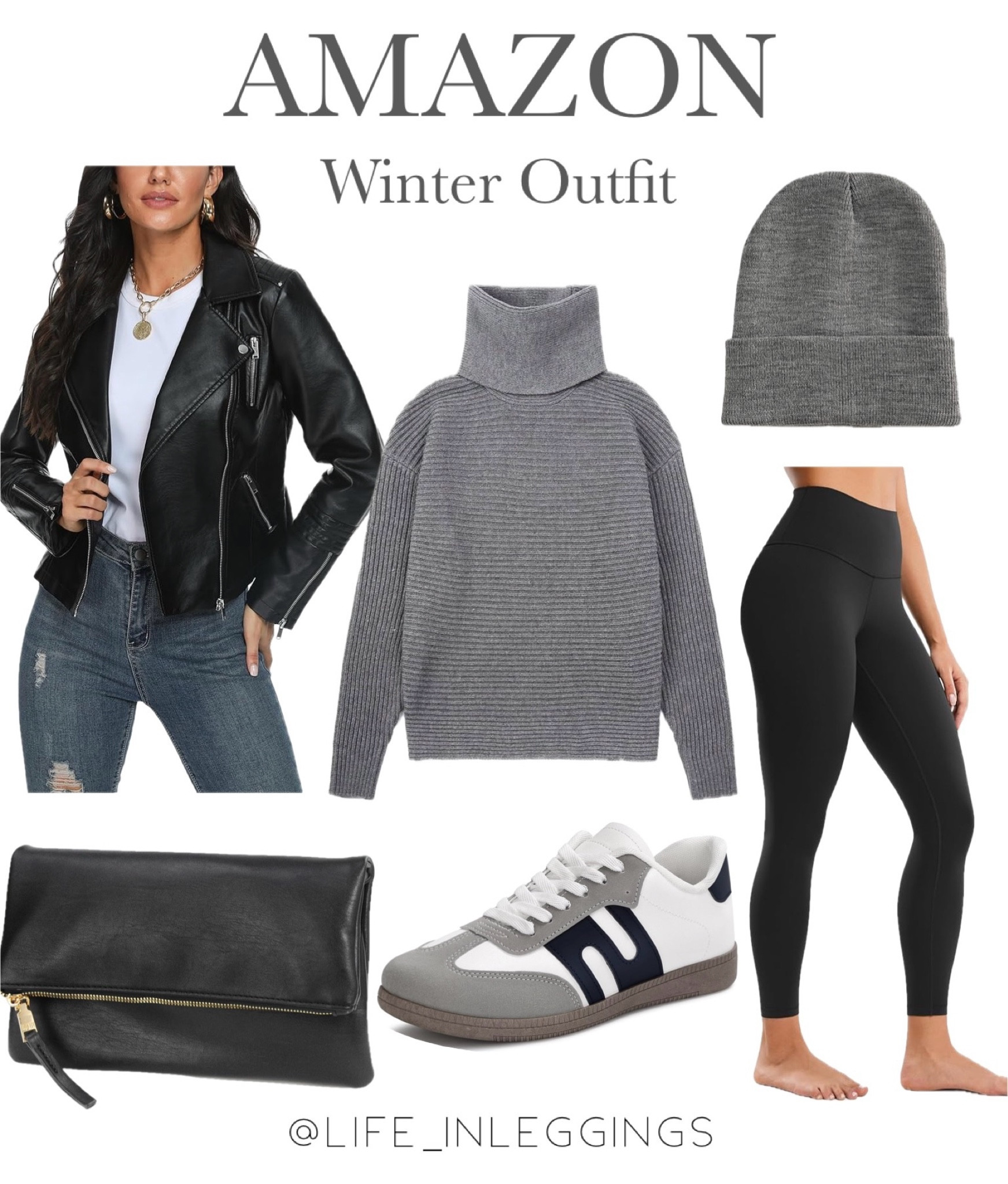 Winter outfit idea. Leggings, sweater, leather jacket, sneakers, beanie hat

#LTKFindsUnder50 #LTKSaleAlert