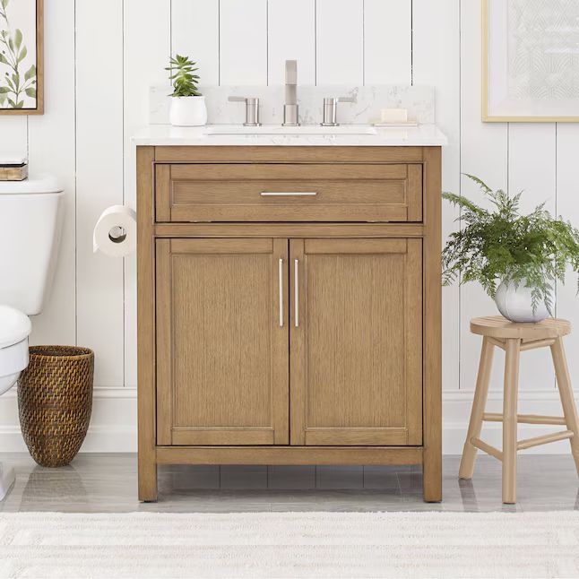 allen + roth Connery 30-in Warm Oak Undermount Single Sink Bathroom Vanity with White Engineered ... | Lowe's