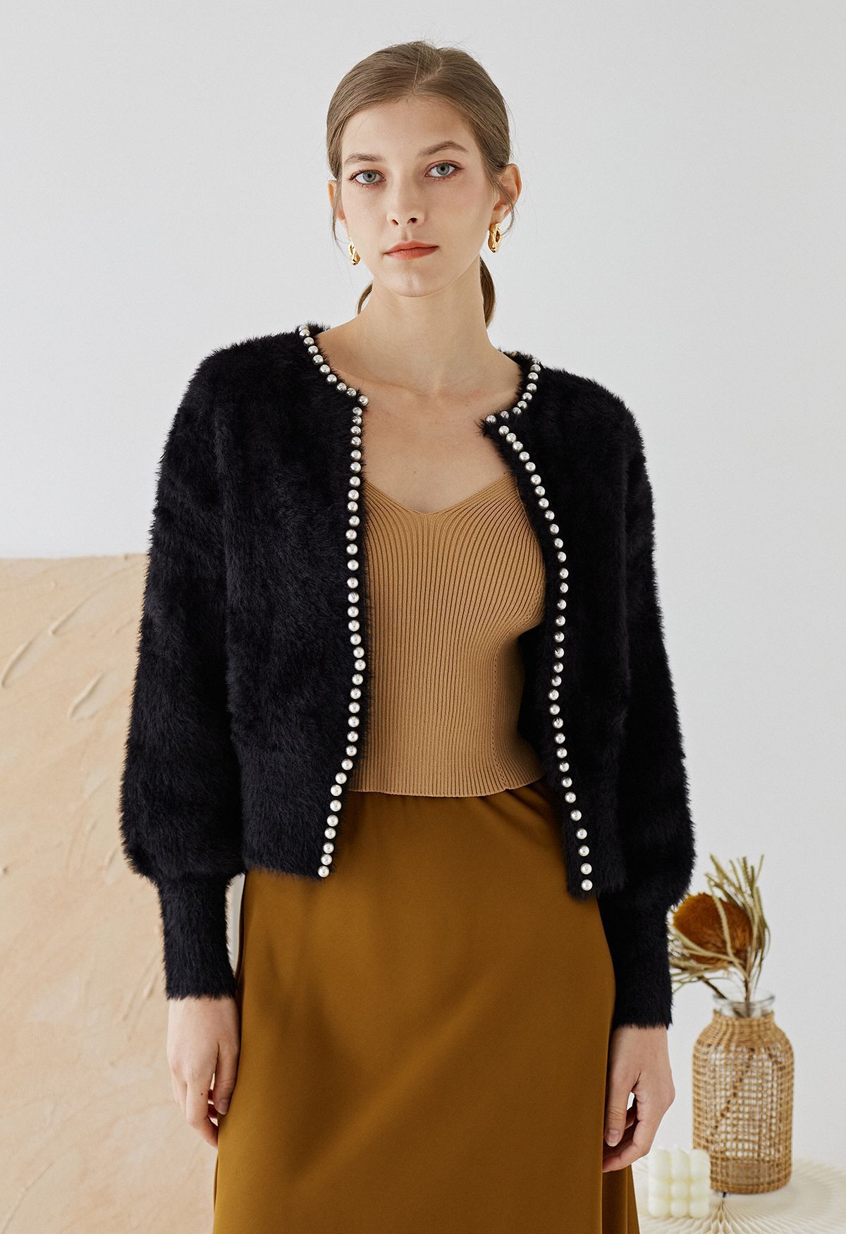 Open Front Pearly Fuzzy Knit Cardigan in Black | Chicwish