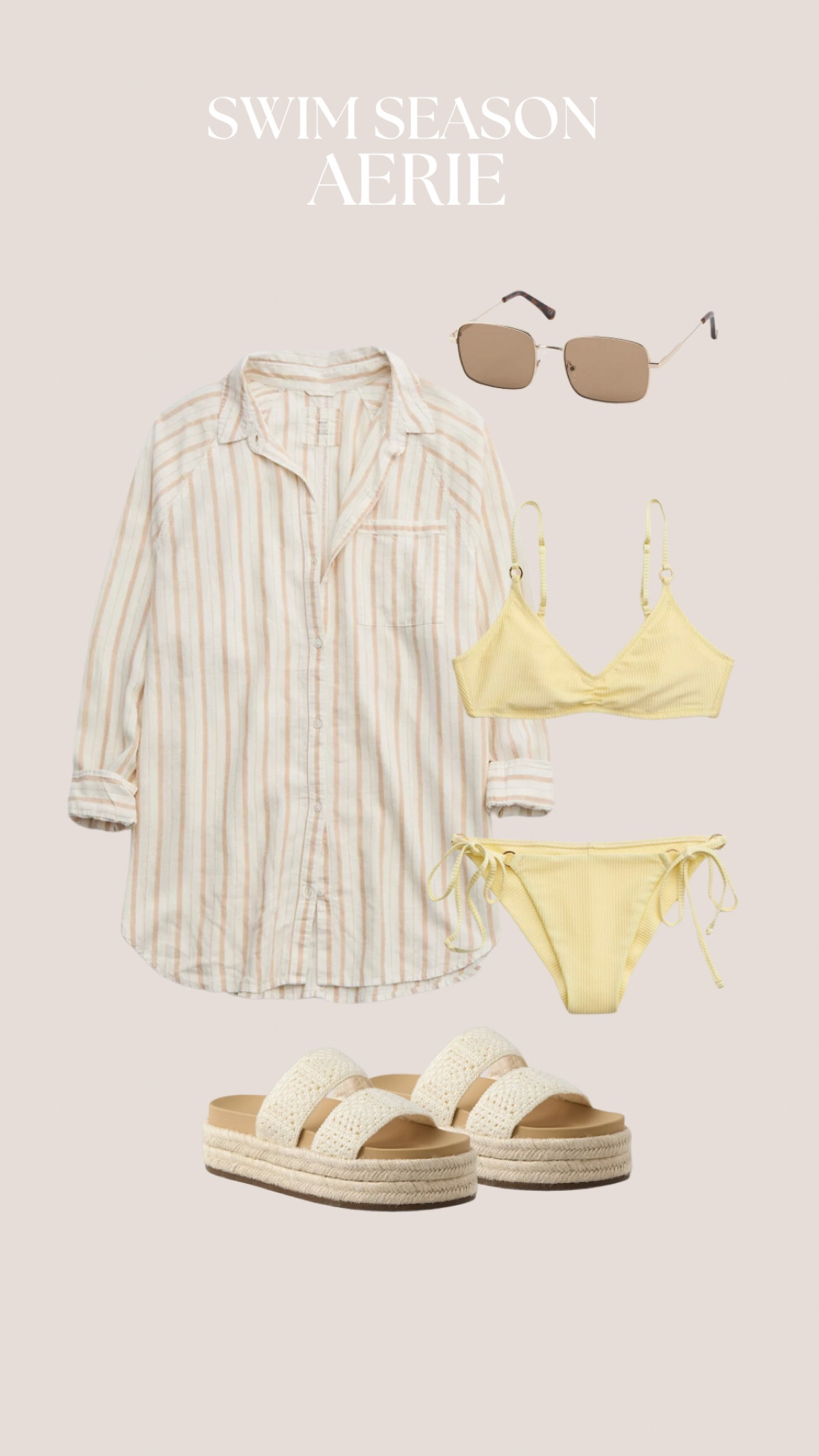 Aerie Vacation Outfit - Stock up and save on summer outfits!

beach outfit, vacation outfit, summer outfits, yellow bikini, womens bikini, crochet sandals, oversized button down
