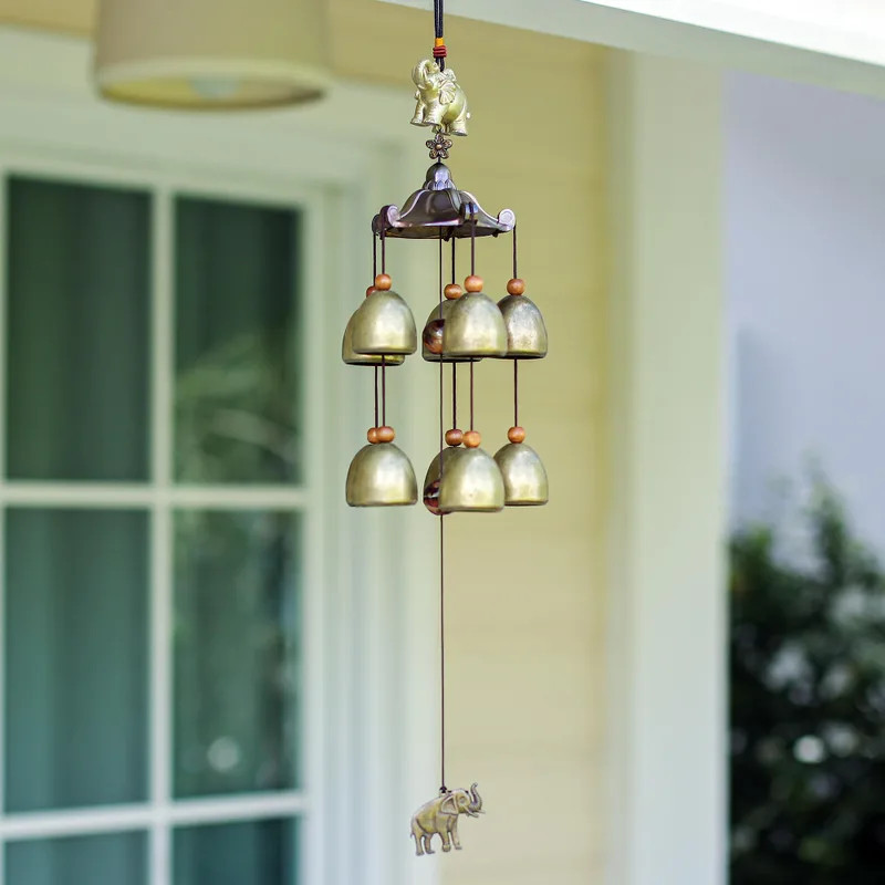 Aluminum and brass wind chime, 'Sage Elephant' | NOVICA