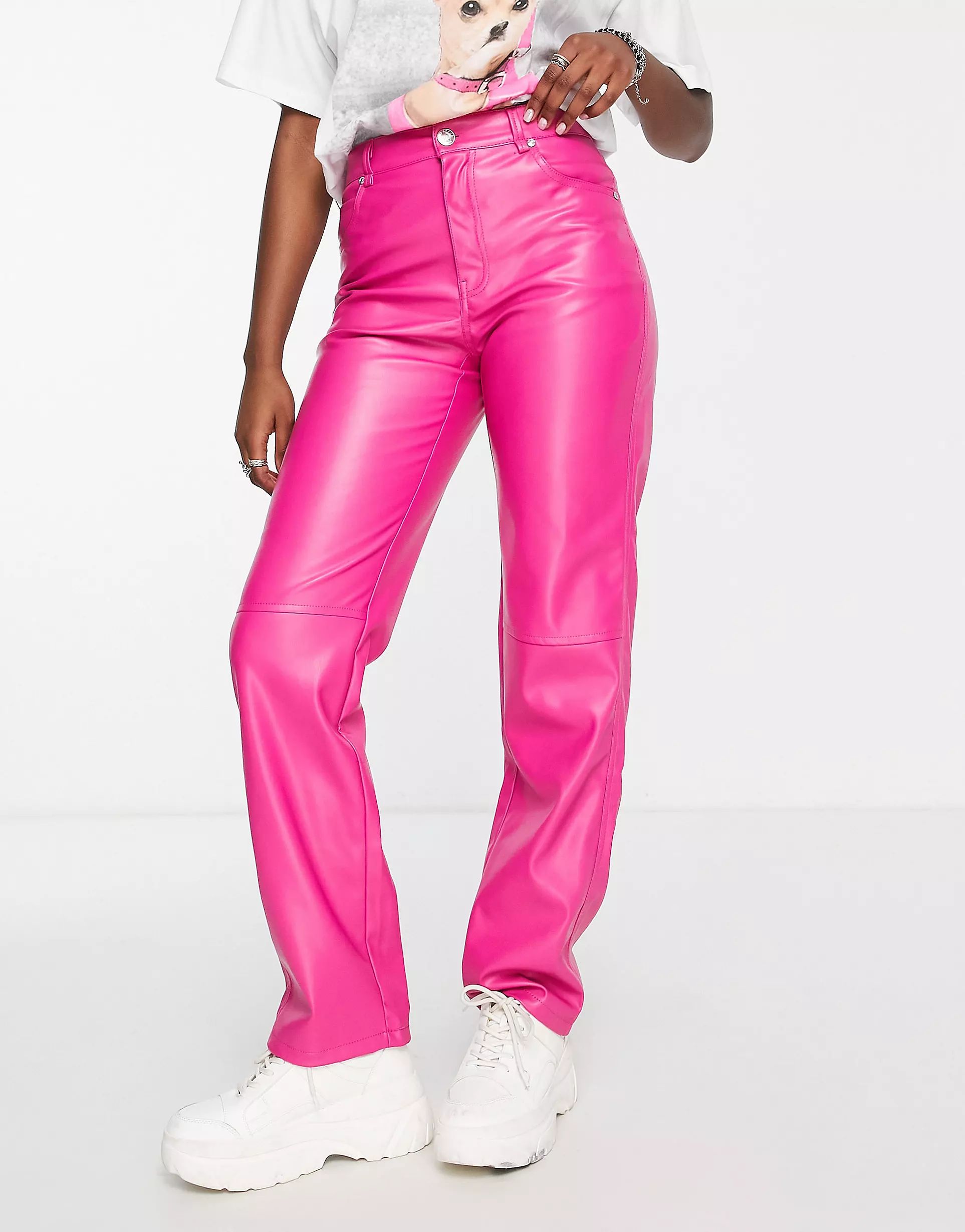 Bershka straight leg faux leather trouser in bright pink | ASOS (Global)