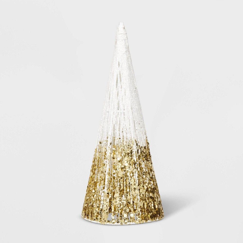 Small Glitter Ombre String Cone Christmas Tree Decorative Figurine White & Gold - Wondershop | Target