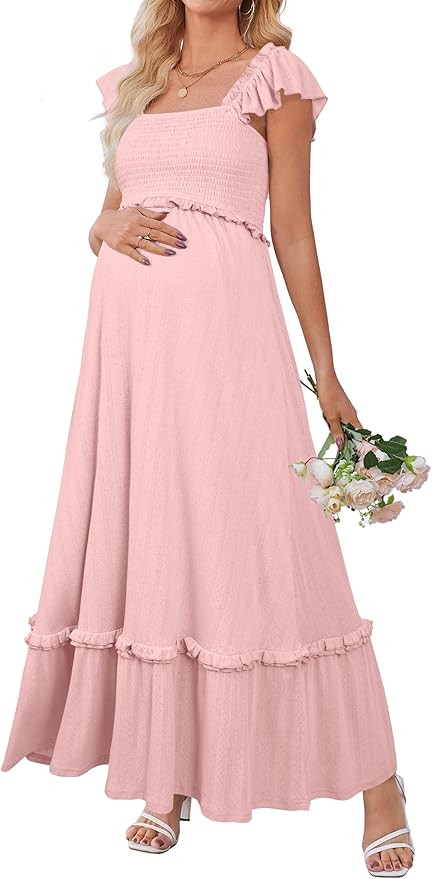 OUGES Womens 2025 Summer Maternity Photoshoot Dress Boho Maxi Smocked Baby Shower Dress Ruffle Sl... | Amazon (US)