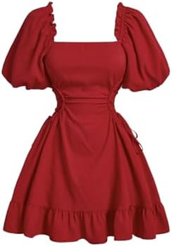 WDIRARA Women's Puff Sleeve Tie Side Ruffle Dress Square Neck Short A Line Dresses       Send to ... | Amazon (US)