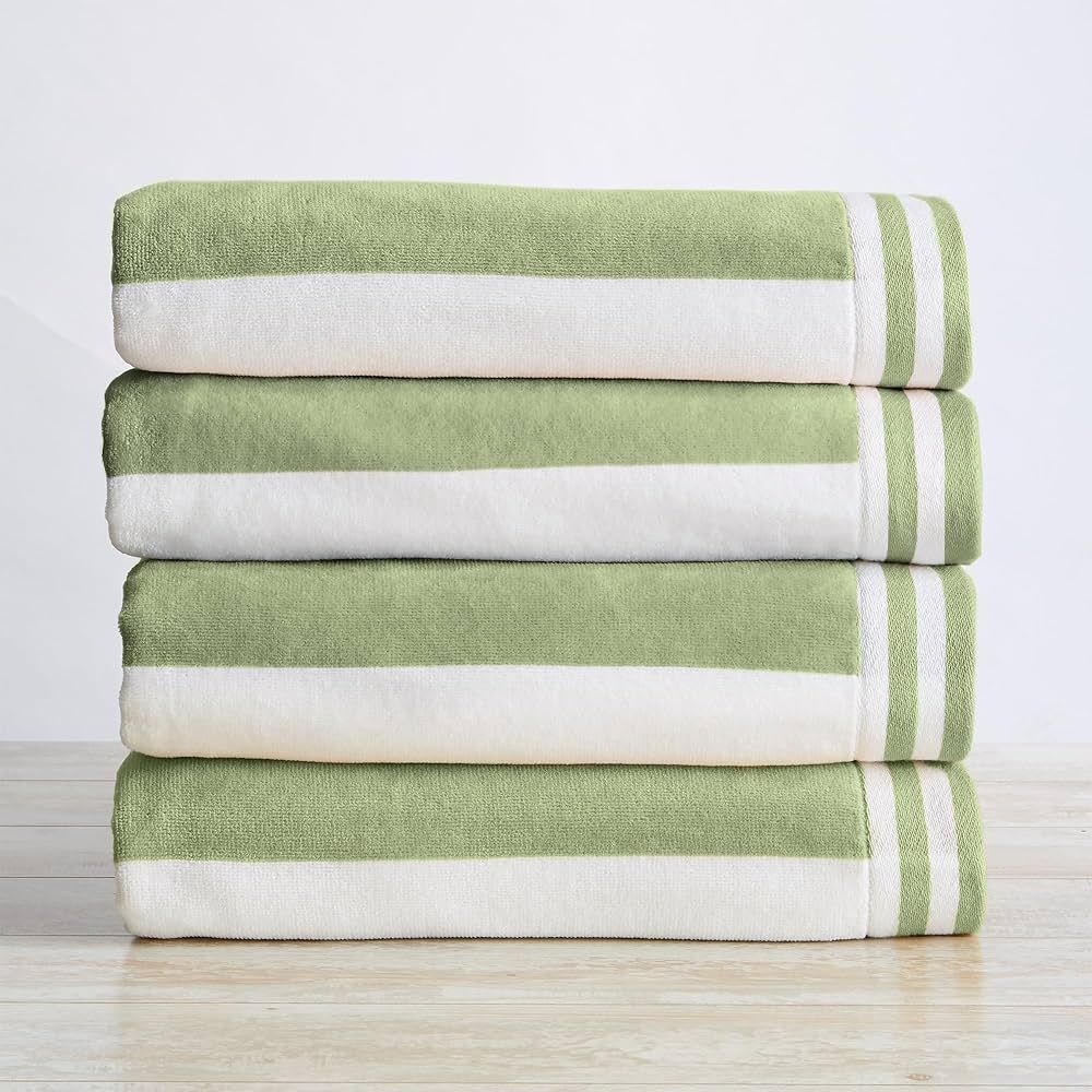 Great Bay Home 100% Cotton Velour 4 Pack Beach Towels | Green Cabana Stripe Pool Towels | Quick Dry, Large Swim Towels for Adults and Kids (4 Pack 30" x 60", Eucalyptus Green) | Amazon (US)