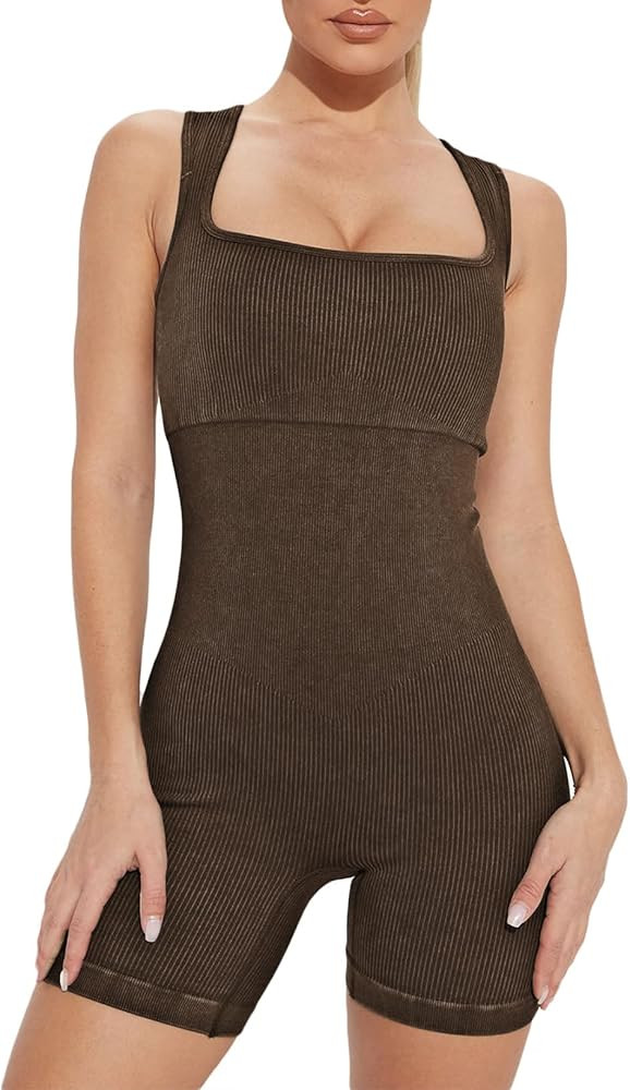 Happy Sailed Womens Rompers Summer Sleeveless Square Neck Racerback Ribbed One Piece Tummy Contro... | Amazon (US)