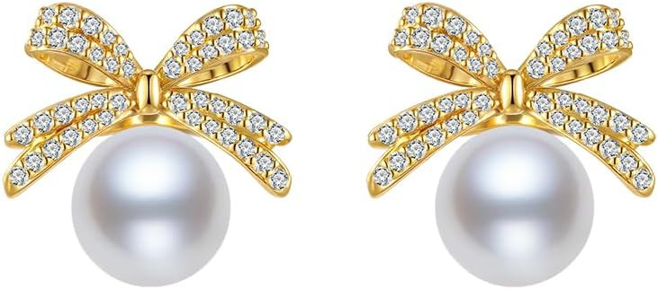 14K Gold Plated 925 Sterling Silver Posts Bow Earrings for Women, Cubic Zirconia Butterfly Stud E... | Amazon (US)