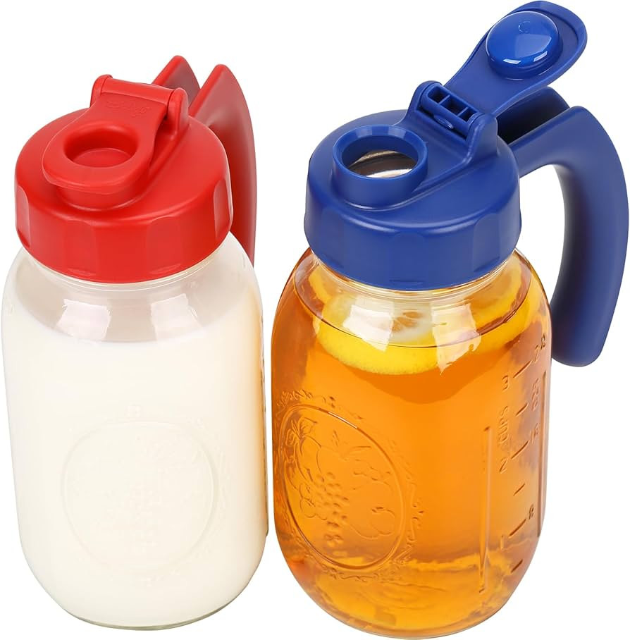 2 Pack Regular Mouth Mason Jar Lids with Handle, Airtight & Leak-proof Seal, Easy Pouring Spout, ... | Amazon (US)