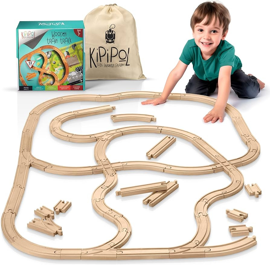 Wooden Train Tracks Set - 52 pcs+Bonus Railroad Map –Compatible W All Major Wooden Railway Toy ... | Amazon (US)