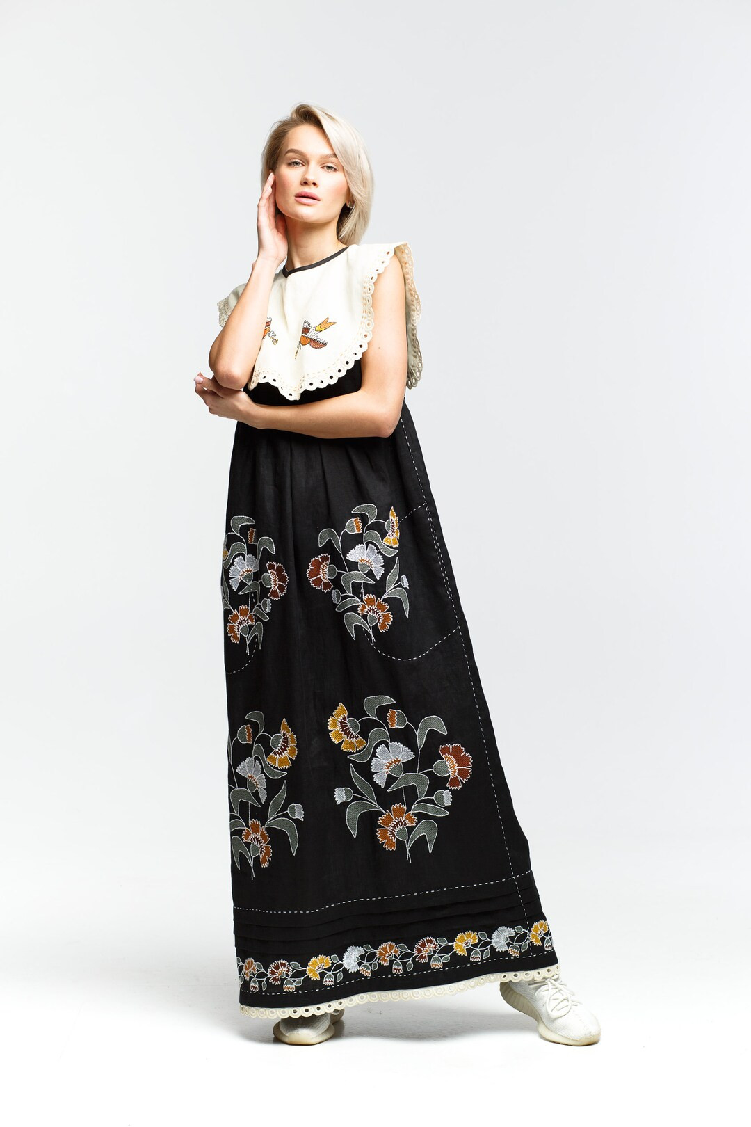 Embroidered Collared Dress Carnations Sleeveless Linen Robe by Boutiqueua - Etsy | Etsy (US)