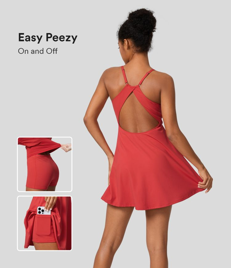 Adjustable Strap Backless 2-in-1 Pocket Slip Yoga Active Dress-Easy Peezy Edition | HALARA