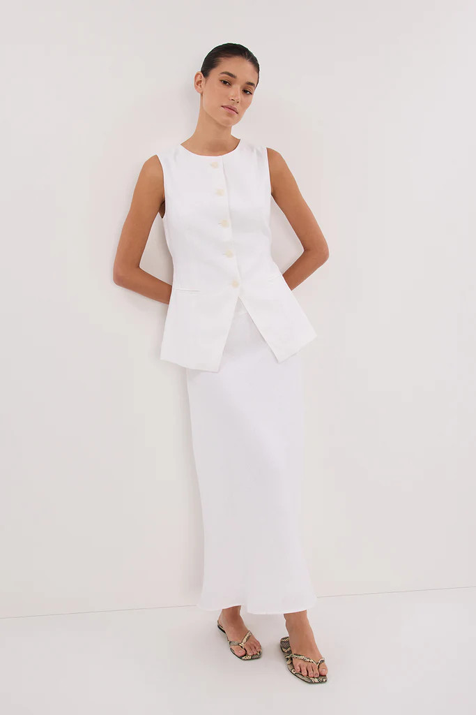 TYRA WHITE LINEN MIDI SKIRT | DISSH